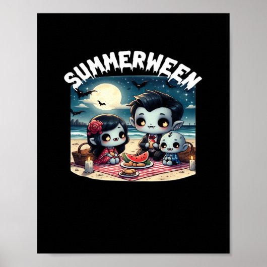 Poster Summerween avec une famille de vampires à la plage (Devant)