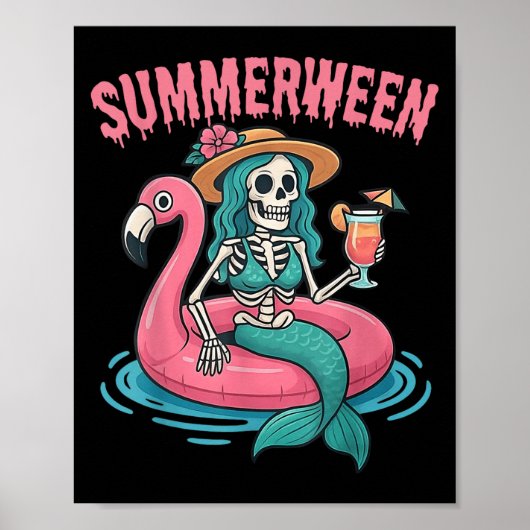 Poster Summerween Mermaid Skeleton Beach Flamant rose Hal (Devant)