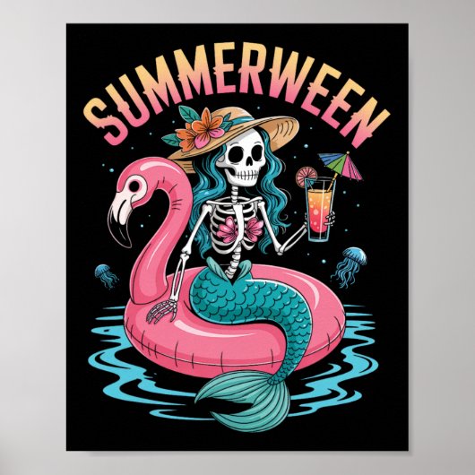 Poster Summerween Mermaid Skeleton Beach Flamant rose Hal (Devant)