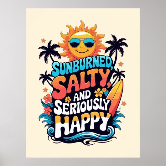 Poster Sunburned Salty and Happy – Retro Beach Vibes (Devant)