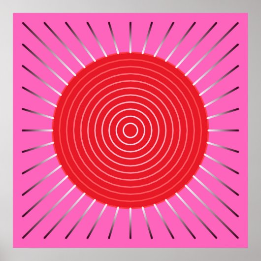 Poster Sunburst géométrique moderne - Fuchsia et rouge (Devant)
