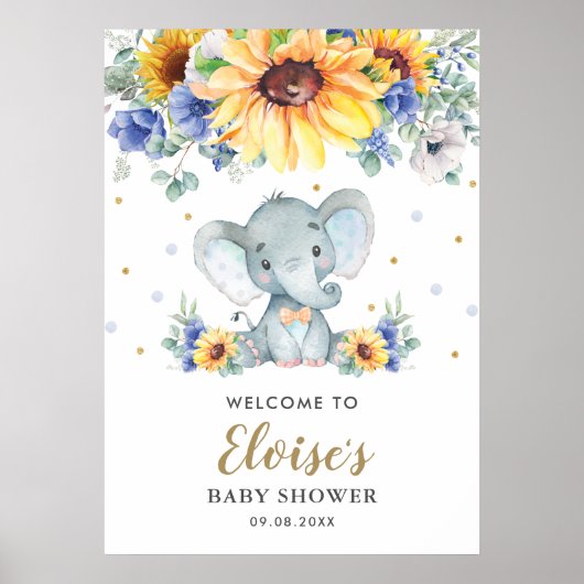 Poster Sunflower Blue Floral Elephant Baby shower Bienven (Devant)