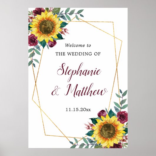 Poster Sunflower Bourgogne Rose Mariage géométrique Bienv (Devant)