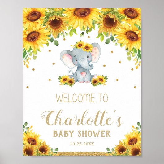 Poster Sunflower Elephant Baby shower Anniversaire Bienve (Devant)