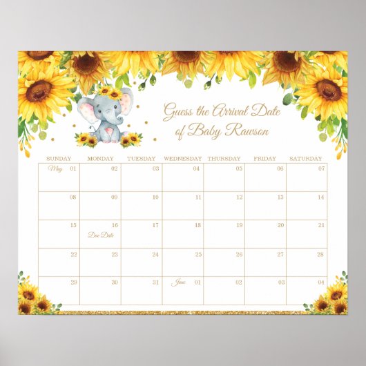 Poster Sunflower Elephant Guess Baby's due Date Jeu amusa (Devant)