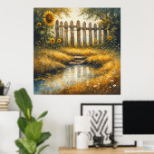 Poster Sunflower Field With Rustic Fence (Bureau à domicile)