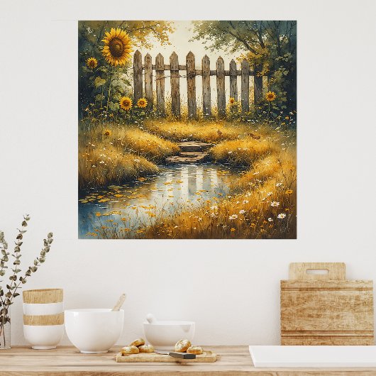 Poster Sunflower Field With Rustic Fence (Cuisine)