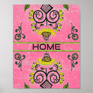 Poster Sunflower Folk Motif en rose