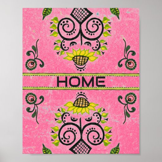 Poster Sunflower Folk Motif en rose (Devant)