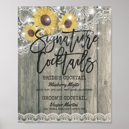 Poster Sunflowers Mariage Signature Cocktail Menu Boisson (Devant)