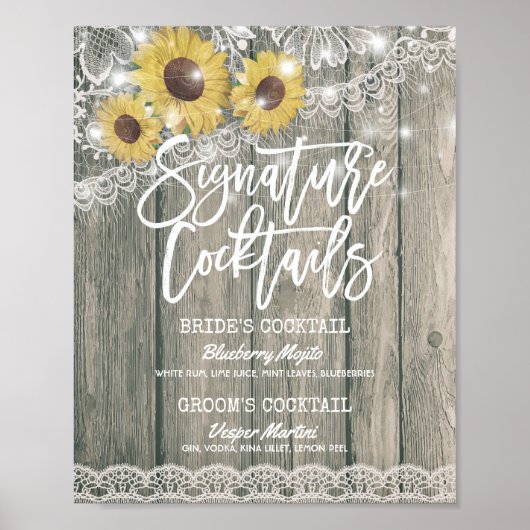 Poster Sunflowers Mariage Signature Cocktail Menu Boisson (Devant)