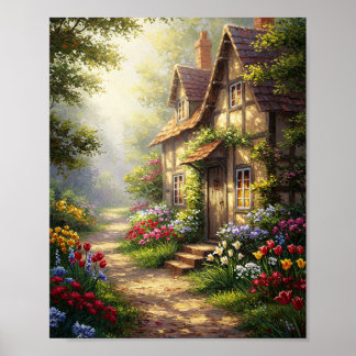 Poster Sunlit Cottage & Flowers | Oil Masterpiece