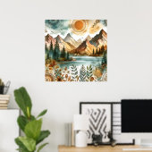 Poster Sunny Rustic Boho Nature Pattern Mountain Lake (Bureau à domicile)