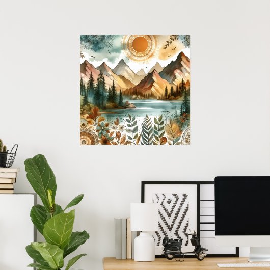 Poster Sunny Rustic Boho Nature Pattern Mountain Lake (Bureau à domicile)