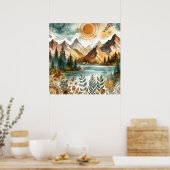 Poster Sunny Rustic Boho Nature Pattern Mountain Lake (Cuisine)