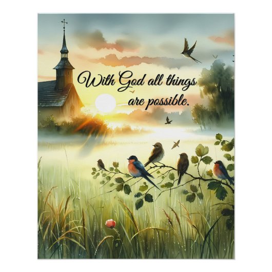 Poster Sunrise Church with Birds in Misty Meadow (Devant)