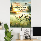 Poster Sunrise Church with Birds in Misty Meadow (Bureau à domicile)
