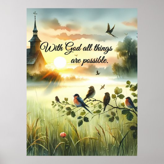 Poster Sunrise Church with Birds in Misty Meadow (Devant)