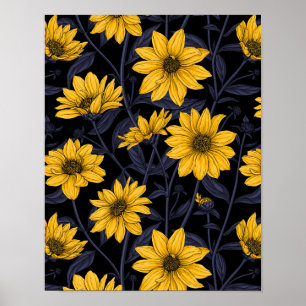 Poster Sunroot, tournesol sauvage en jaune et bleu