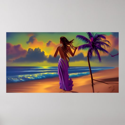 Poster Sunset Beach femme bleu mer coulant soleil violet (Devant)