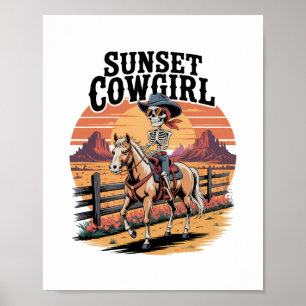 Poster Sunset Cowgirl Skeleton équitation Cheval