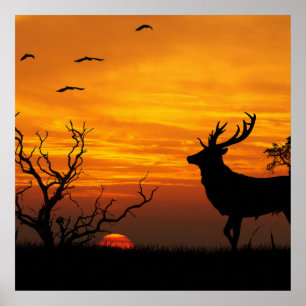 Poster Sunset Deer Silhouette