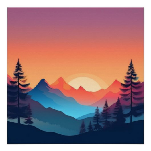 Poster Sunset Mountain Landcape Art (Devant)