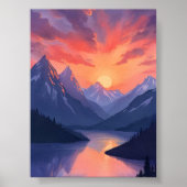 Poster Sunset Mountain Range | Paysage du lac Watercolor (Devant)