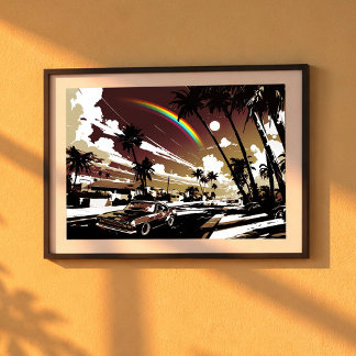 Poster Sunset Muscle Car Hawaii Rainbow Retro Street Art