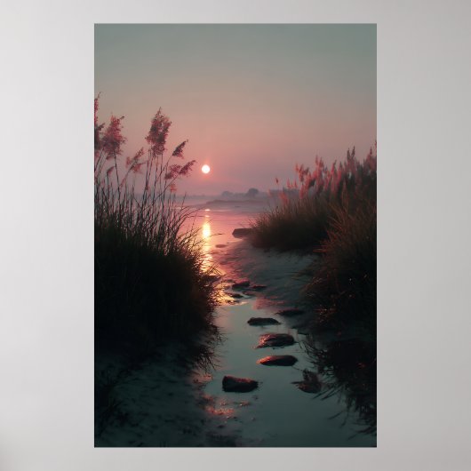 Poster Sunset Reeds Stream Coastal Path Glow (Devant)