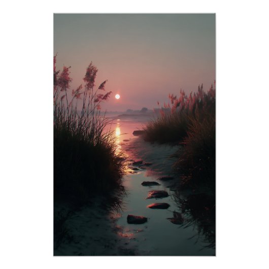 Poster Sunset Reeds Stream Coastal Path Glow (Devant)