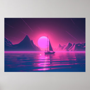 Poster Sunset Sail : Une expédition Vaporwave sur la mer