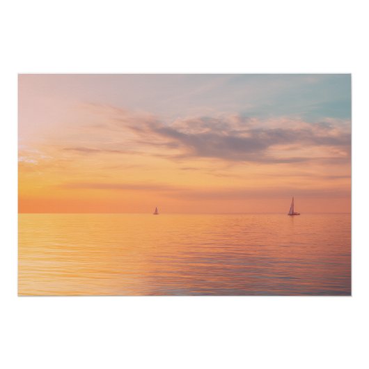 Poster Sunset Sailboats Calm Ocean Horizon Glow (Devant)