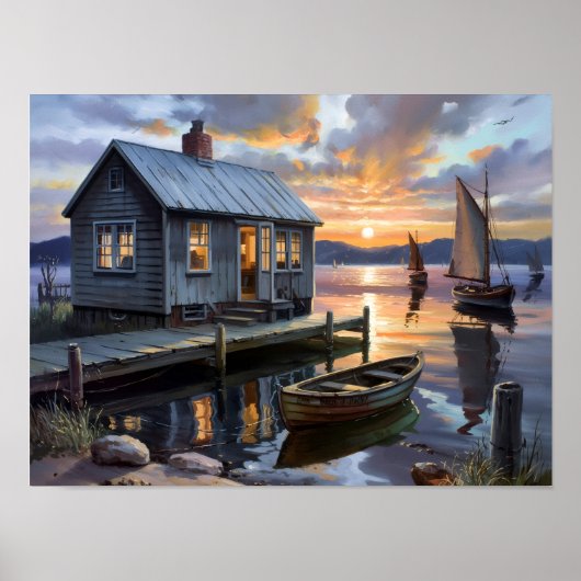 Poster Sunset Solace: Cabin on the Lake (Devant)