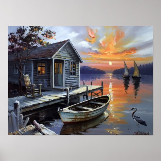 Poster Sunset Solace: Cabin on the Lake (Devant)