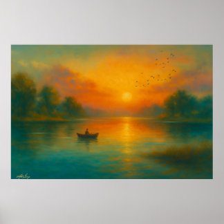 Poster Sunset Solitude - Fisherman in Golden Reflection