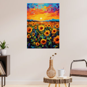Poster Sunset Sunflower Field Art