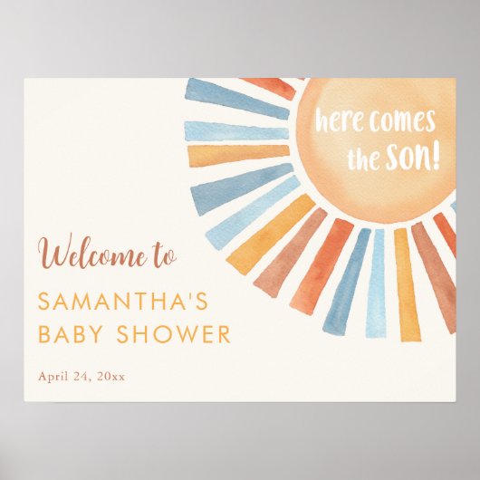Poster Sunshine boho garçon baby shower ici vient le Fils (Devant)