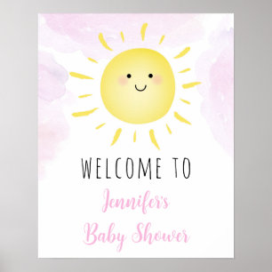 Poster Sunshine Nuages Rose Girl Baby shower Bienvenue