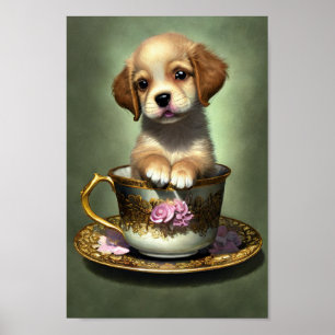 Poster Super Golden Retriever Puppy dans un Tea