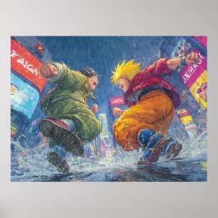 Poster Super Saiyan Goku Combat Épique sous la Pluie
