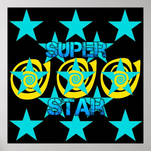 Poster Super Star Turquoise Yellow Swirls Stars Motif (Devant)