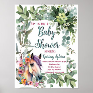 Poster Superbe aquarelle Floral Horse Baby shower