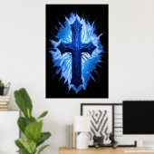 Poster Superbe Croix Bleue Chrétienne sur noir | (Bureau à domicile)