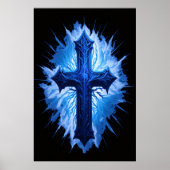 Poster Superbe Croix Bleue Chrétienne sur noir | (Devant)