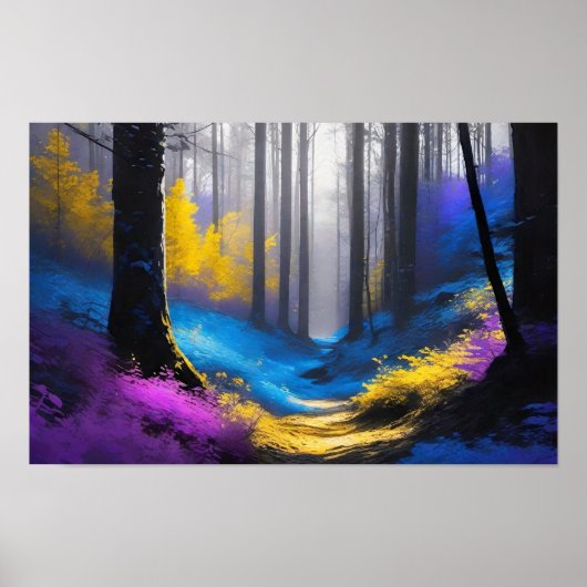 Poster Superbe forêt mystérieuse bleu jaune et violet (Devant)