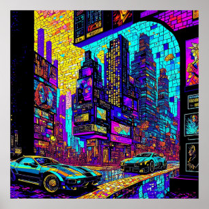 Poster Superbe Mosaïque Vitrail Neon Cyberpunk City