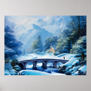 Poster Superbe paysage enneigé avec pont en pierre
