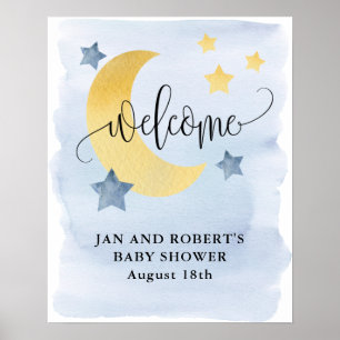 Poster Sur la Lune, Baby shower bleu Bienvenue