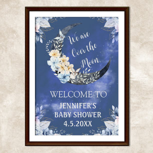 Poster sur la lune baby shower bleu fleuri signe d'accuei